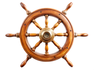 Old Wooden Ship Steering Wheel with Brass Hub Isolated vintage isolated on a transparent background