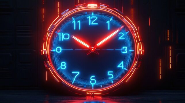 Futuristic glowing neon clock with blue numbers and red accents showing time against dark background conveying high-tech and digital atmosphere