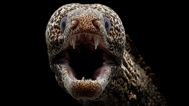 Spotted moray eel head shot with mouth open and visible teeth on a dark background