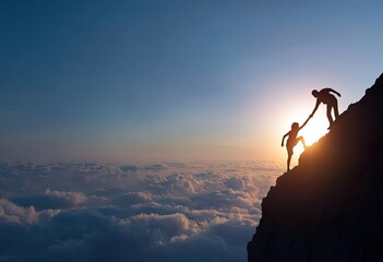 Silhouette of two people helping each other climb a mountain above clouds at sunset