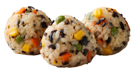 Colorful rice balls with vegetables, arranged on a white isolated background.