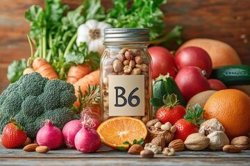 Fresh variety of vegetables, fruits, nuts, and seeds surrounding a glass jar labeled B6 representing vitamin B6 sources