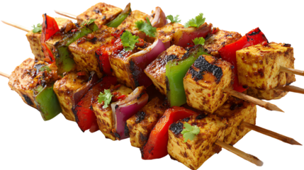 Colorful skewers of grilled vegetables and tofu with garnishes against a white background.