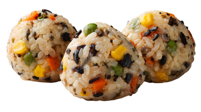 Colorful rice balls with vegetables, arranged on a white isolated background.
