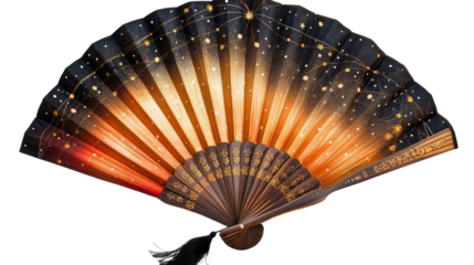 Artistic Silk Fan Adorned with Constellation Artwork on white background