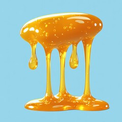 Close-up of glossy golden honey dripping and stretching against a light blue background, highlighting smooth texture and fluid movement
