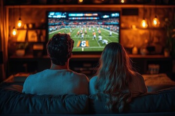 Couple sitting on couch watching a football game on a large TV screen in a cozy living room with warm ambient lighting