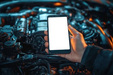 Hand holding smartphone with blank white screen in front of car engine, possibly for diagnostics or repair reference