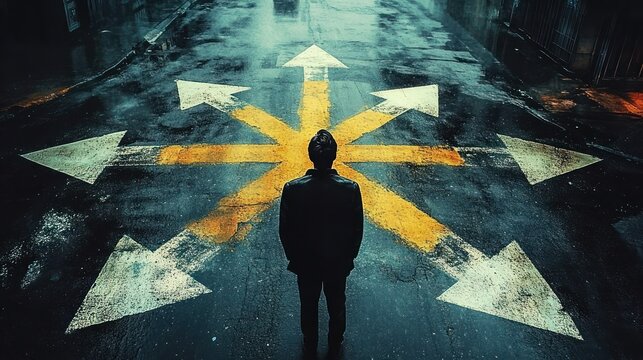 Person standing on wet asphalt at the center of multiple directional arrows pointing in different directions, symbolizing decision and uncertainty