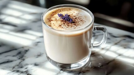 Obraz premium Creamy frothy beverage in a clear glass mug topped with purple flower buds and sprinkled cinnamon on a marble surface with soft natural light