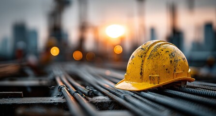 Hard Hat at Construction Site: Represents safety and construction, ideal for industrial, building, or workplace visuals.