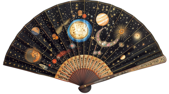 Elegant Silk Hand Fan Featuring Constellation Design on white background