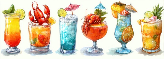 Watercolor illustration of various colorful summer cocktails garnished with fruits, seafood, and umbrellas