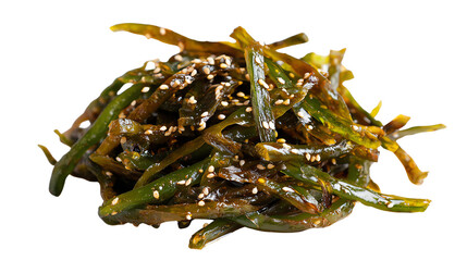 Obraz premium Delicious seaweed salad garnished with sesame seeds, vibrant green strands on a white background.