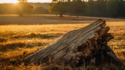 Fototapeta premium wooden fence in autumn, Tree Stump in Golden Hour Field at Sunset