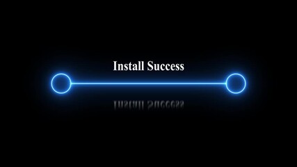 Neon system update installing progress screen with 0 to 100 percent loading bar and final install success interface glowing animation on black background