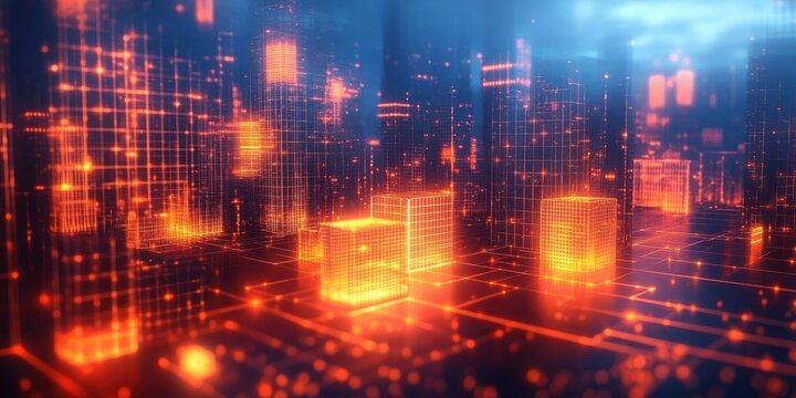 Futuristic digital cityscape with glowing orange grid buildings and floating data points conveying high-tech and innovation atmosphere