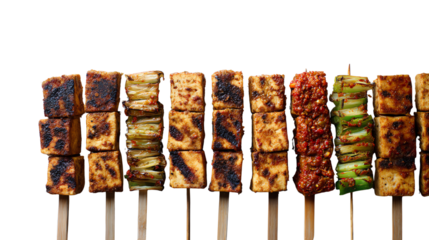 Deliciously grilled skewers of vegetables and tofu on skewers with a white isolate background.