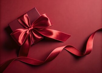 Luxurious Red Gift Box with Flowing Satin Ribbon Background. 