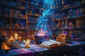 Magical library scene with glowing cauldron emitting blue and purple sparks surrounded by ancient books and lit candles on wooden shelves and table