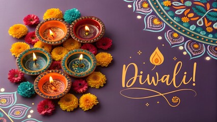 Vibrant Diwali Celebration with Lit Diyas and Marigold Flowers Background. 
