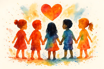 Joyful children holding hands under a vibrant heart, symbolizing unity and inclusivity