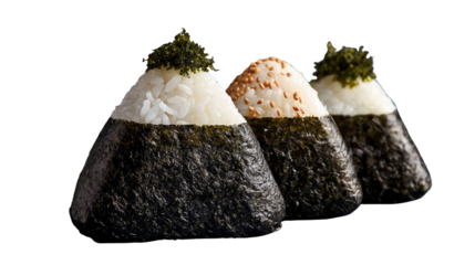 Three delicious onigiri rice balls with seaweed wrapped around them, perfect for a savory snack, on a white isolated background.