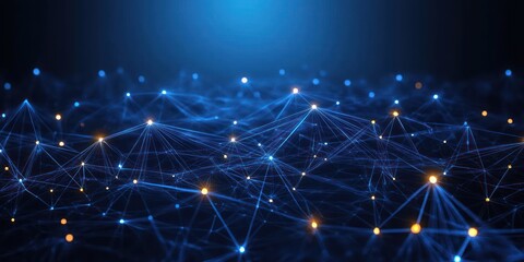 Fototapeta premium Abstract digital network visualization with glowing interconnected nodes and lines on dark blue background representing data connections and technology