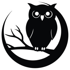 Vector silhouette illustration of a cute wild bird character with big eyes on a black and white background