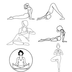 Set of diverse women in various yoga and fitness poses. Collection of flat vector illustrations, silhouettes, and line art character icons for health and wellness, isolated on white background.