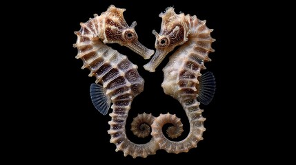 Obraz premium Two seahorses, bodies curved, facing each other against a black background. Detailed, close-up view