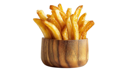 Golden french fries spilling out of wooden cup, a tempting restaurant side dish, perfect for fast food lovers and comfort food cravings