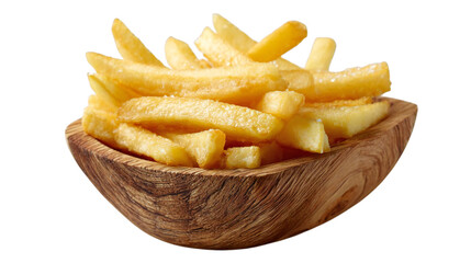 Golden fries in wooden bowl, a tempting treat that's a pure indulgence, perfect for fast food ads and restaurant menus that crave craveability