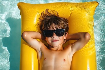 smiling young boy relaxing on a yellow inflatable float in a clear swimming pool wearing black sunglasses