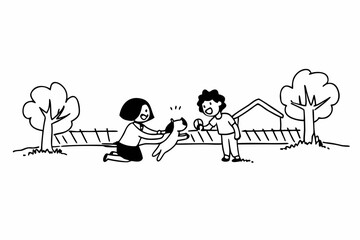 Family fun: Mom, son and dog playing fetch in a backyard on a sunny afternoon