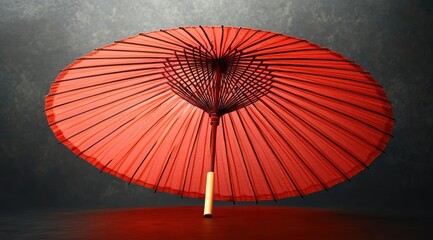 Traditional red umbrella with wooden handle placed on a dark surface against a textured dark background, showcasing intricate structural spokes and elegant design