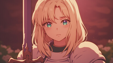 An Inspiring Portrait of a Brave Anime Heroine in Armor Holding a Sword, Capturing the Essence of Fantasy and Emotion in a Dramatic Scene of Resolve and Strength