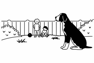 Happy kids play ball in backyard while loyal family dog watches over them lovingly