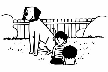 Two children bonding with their loyal dog in a sunny backyard, playful innocence