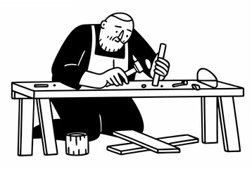 Craftsman shaping wood with hammer and chisel, woodworking project in workshop studio