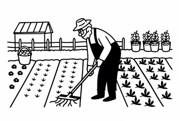 Farmer tending to rows of crops with seedlings in a garden, offering rural charm