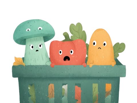 Cute cartoon mushroom and bell pepper with sad faces in a shopping basket, isolated on transparent background