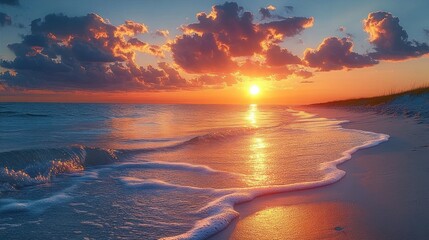 vibrant sunset over calm ocean waves gently washing onto sandy beach with clouds glowing in warm sunlight
