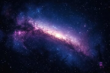 Bright glowing galaxy surrounded by countless stars in deep space with purple and blue hues creating a sense of vastness and cosmic wonder