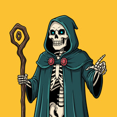 Cartoon Vector Illustration of Grim Reaper Holding Staff with Hooded Robe in Pop Art Style