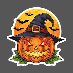 Illustration Vector of Halloween Pumpkin in Witch Hat with Moon and Bats Modern Cartoon Style
