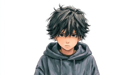 Boy with messy dark hair wearing a hoodie, expressive eyes, against white background