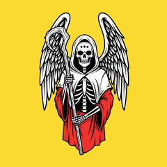 Vector Illustration of Grim Reaper Angel with Wings and Staff Cartoon Style in Red and White against Yellow Background