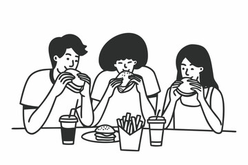 Friends enjoying burgers and fries together at casual restaurant, fun and simple vibe