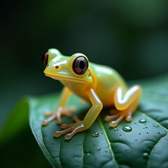 A close-up of a rare glass frog with transparent skin on a rainforest leaf